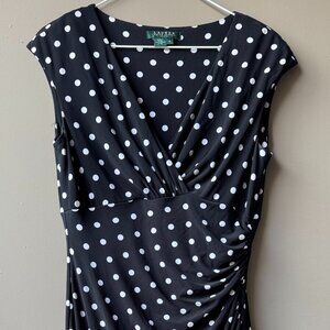 Lauren by Ralph Lauren Mock Wrap Dress in Black with White Polka Dots